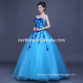 OEM fábrica China 2017 flores azules cielo Ruffles Quinceanera Prom Dresses vestido de bola vestido de fiesta formal de la fiesta